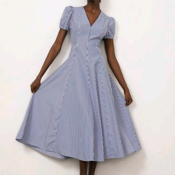 Elegant Commuter Minimalist High-End Design Stripe Blue A-Line Deep V-NECK Puff - Picture 2 of 4